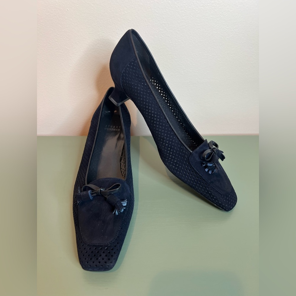 Stuart Weitzman Navy Blue Suede Bow Kitten Heel Pumps Womens 7.5 Wide Career
